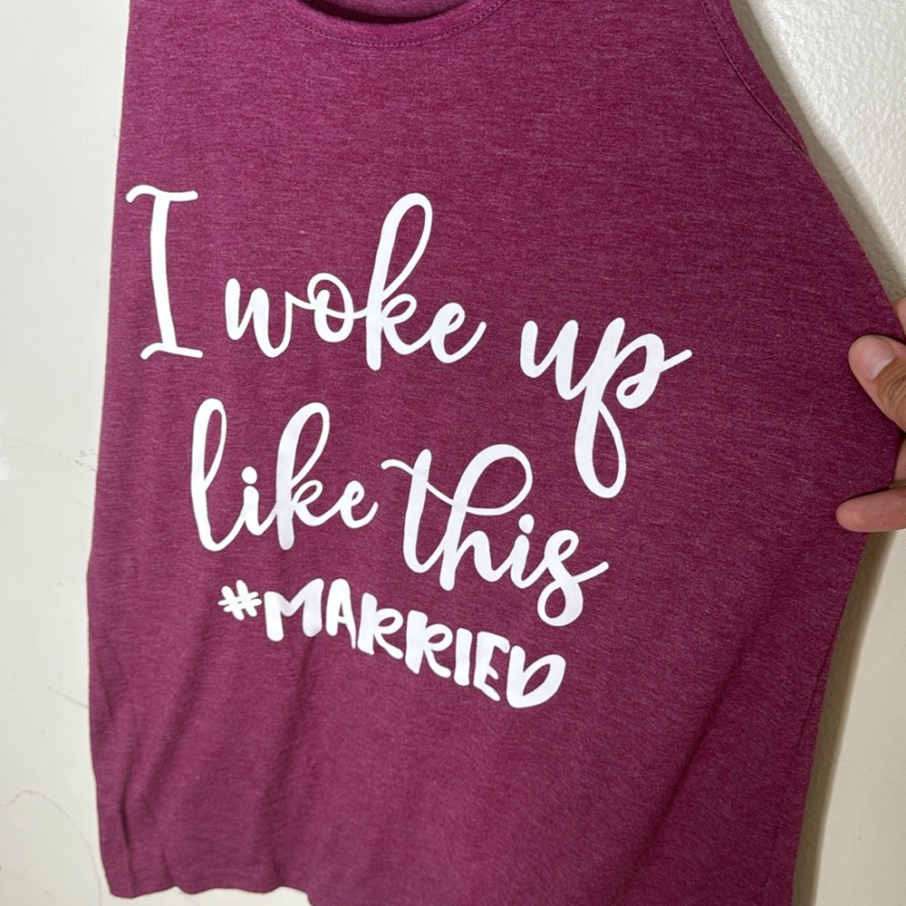 Women's Maroon White "I woke up like this #married" Poly Blend Tank Top - Picture 4 of 7